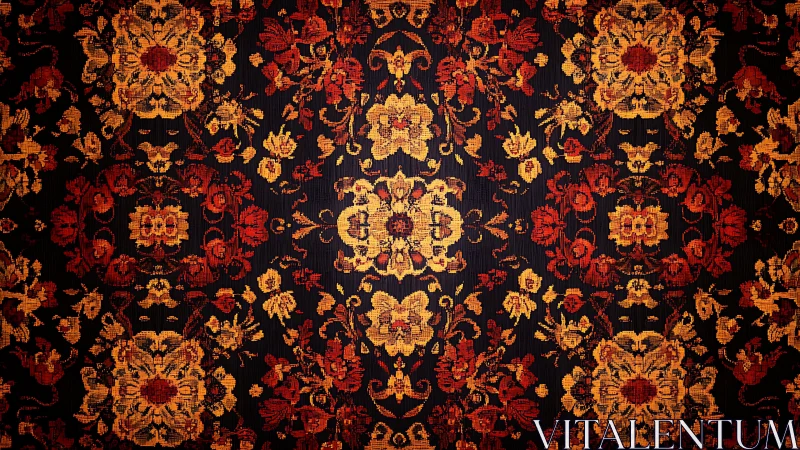 Rich floral tapestry glows with warm reds, golds, and deep navy