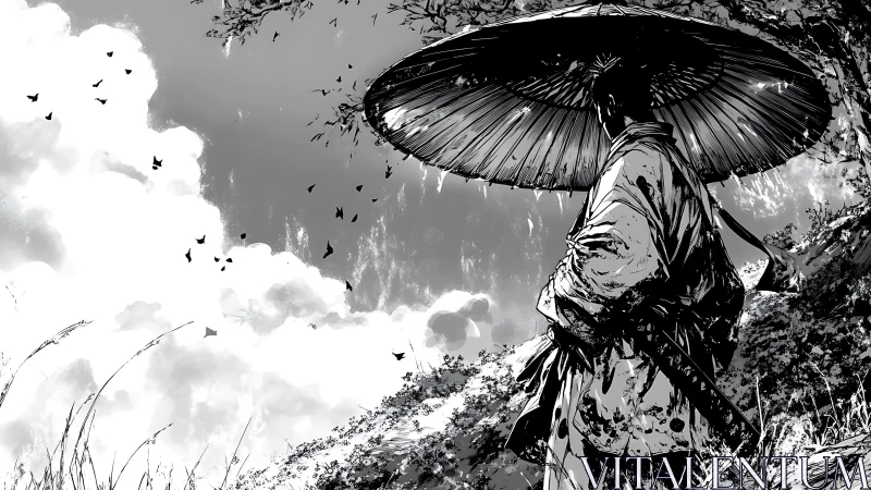 Lone storm-walker samurai under a sky of unraveling crows.