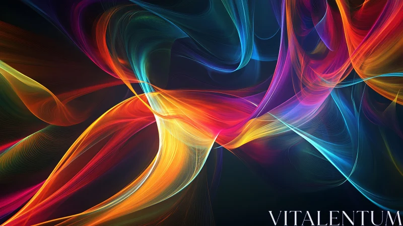 Chromatic light ribbons flowing across deep noir void.