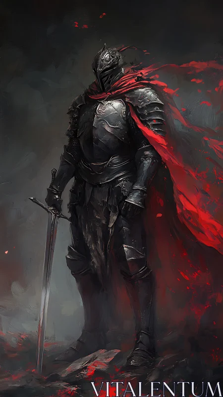 Midnight knight in ember-lit armor holding quiet resolve.