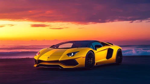 Yellow supercar sits on coastal road at vivid sunset