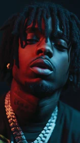 Portrait shows male subject under split red and blue lighting