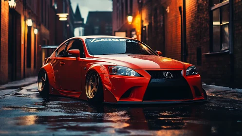 Widebody Lexus sedan on wet urban alley at night.