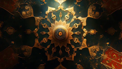 Ornate golden radial ceiling medallion centered on dark dome