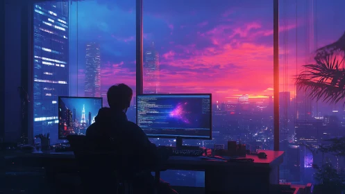 Solitary programmer in neon city office at dusk, dual displays