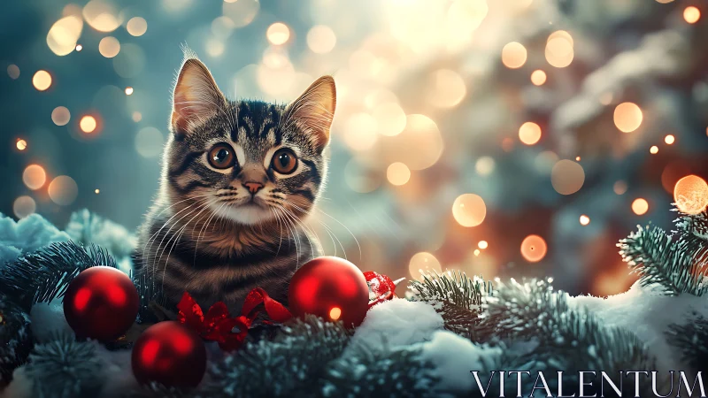 Snowlit kitten guards crimson baubles in festive twilight.