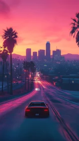 Neon dusk highway rolls toward a glowing city skyline