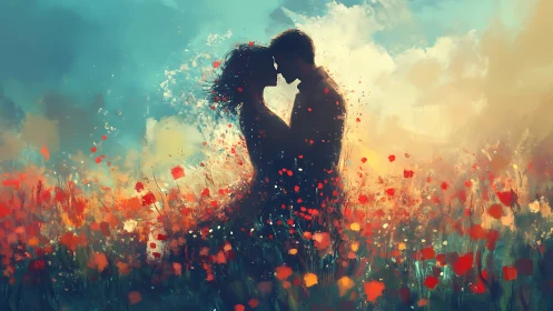 Two silhouetted figures kissing in vivid poppy field.