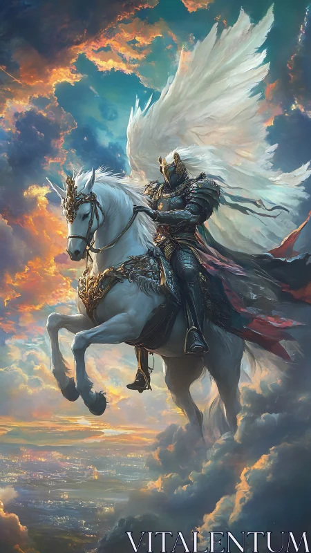 Winged paladin in baroque armor riding luminous warhorse