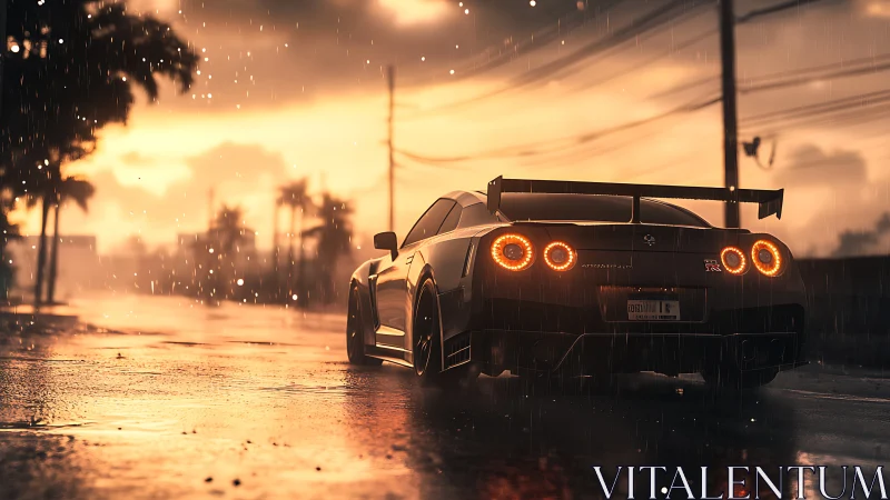 Rain-soaked supercar glowing against a moody sunset street.