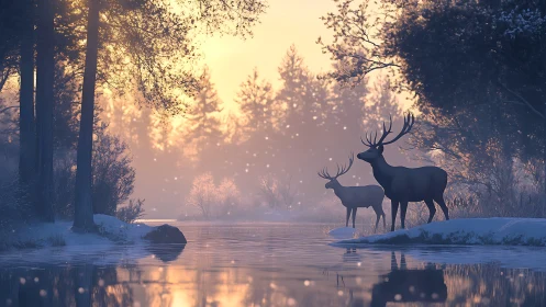 Stags stand by a frozen river in soft winter sunset light.