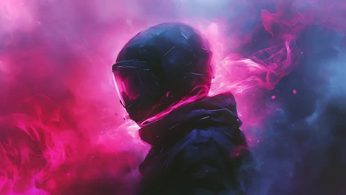 Neon-clad space rider dissolves into magenta vapor stream
