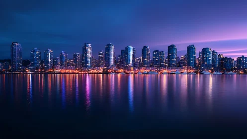 Twilight waterfront skyline with glass towers and neon reflections