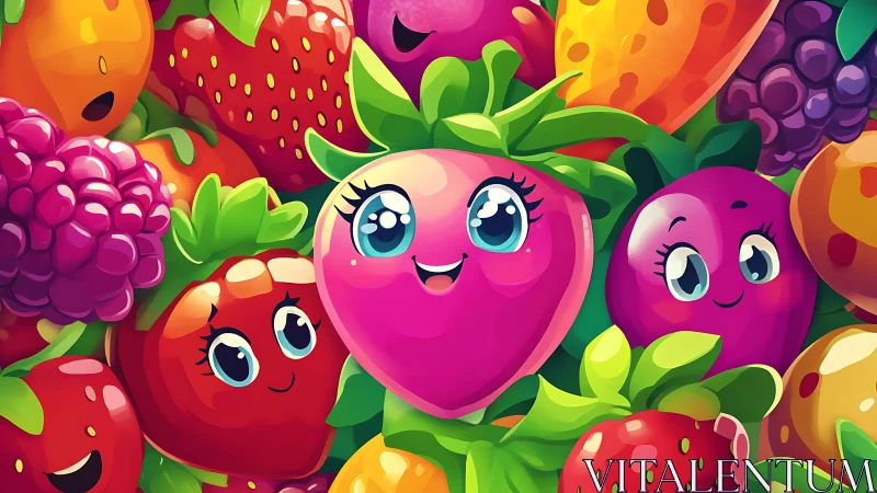 Smiling cartoon berries fill vibrant fruity character pattern.