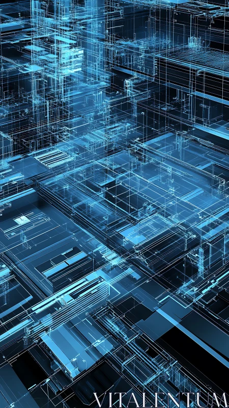 Abstract blue digital city grid in layered perspective.