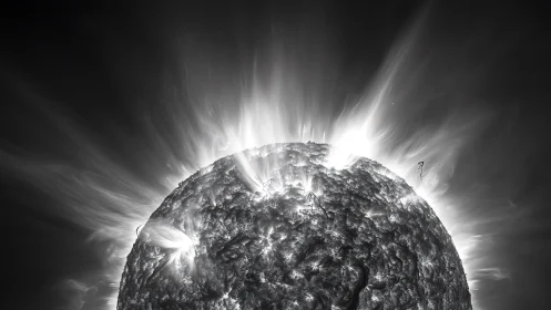 Solar fire in monochrome, a stormy star up close and alive.