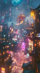 Neon cyberpunk cityscape shows dense vertical streets at night
