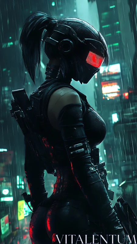 Helmeted cybernetic operative in neon rain-soaked cityscape.