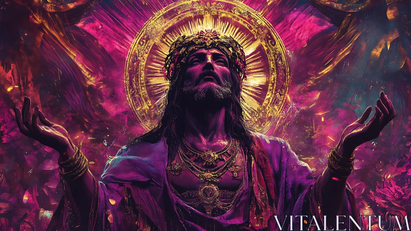 Radiant crowned figure rising in luminous pink and gold glory.