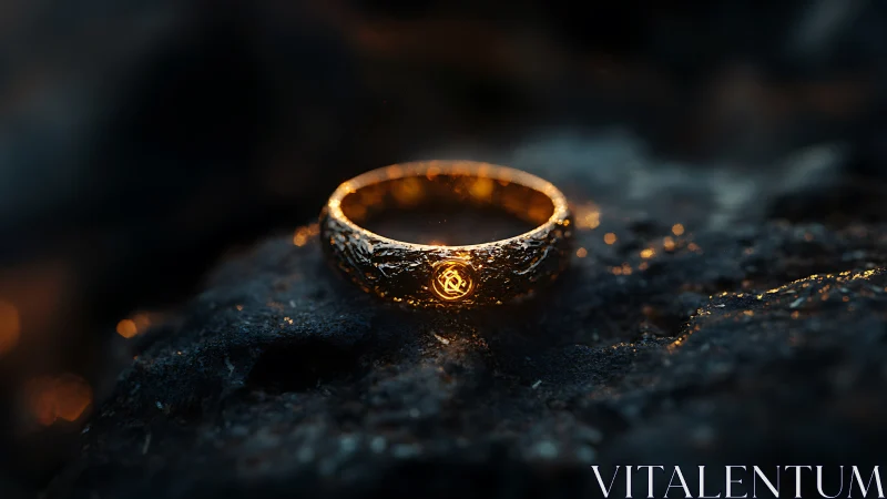 Textured molten-gold ring with glowing emblem on dark basalt