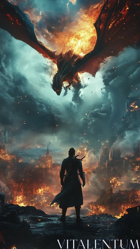 Dragon-lit warrior silhouette above burning fantasy citadel.
