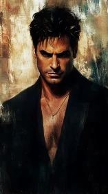 Brooding man in dark jacket against textured backdrop.