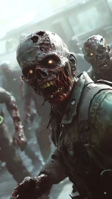 Grim undead horde lurches forward with eerie glowing eyes.