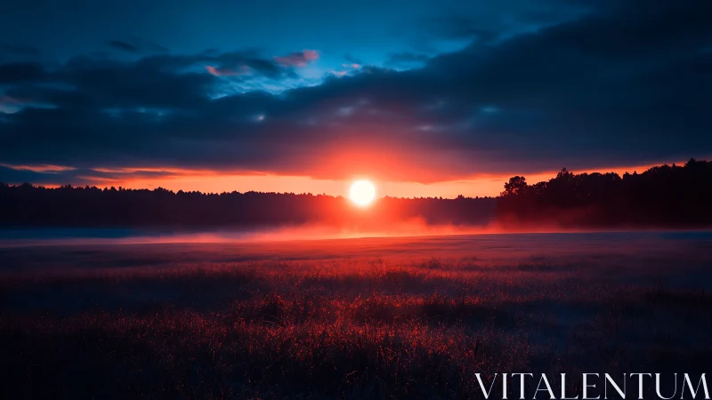 Intense red sunrise over misty field and dark forest line.