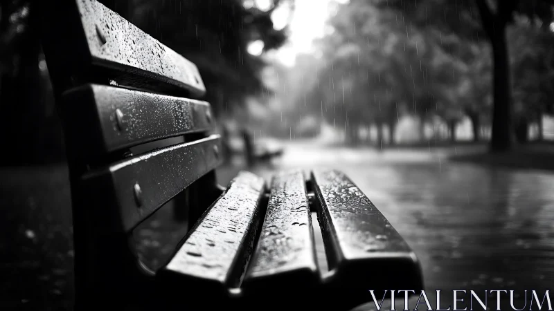 Monochrome park bench in rain with shallow depth of field.