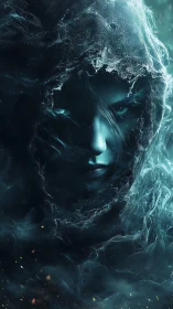 Hooded spectral face emerges from swirling teal mist