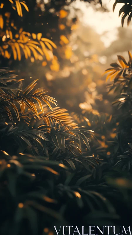 Golden evening light washes over lush tropical foliage.