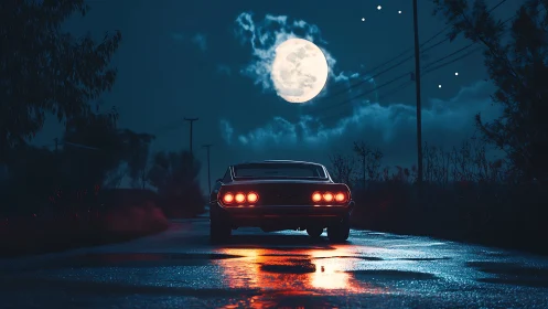 Classic muscle car on wet road under bright full moon