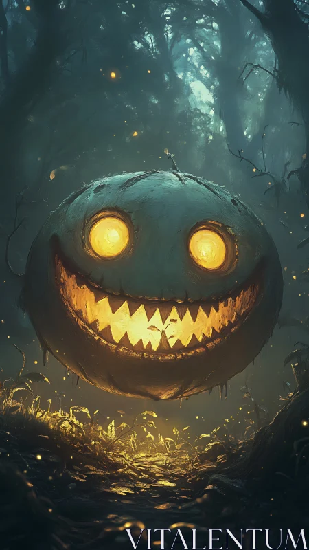 Glowing jack o lantern sphere suspended in dense forest.