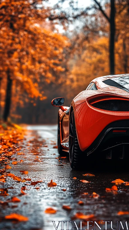 Red supercar glows against wet autumn forest road