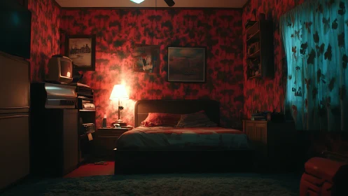 Moody retro bedroom with patterned walls and dim lamp light.