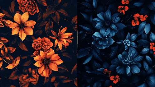 Dual-panel floral artwork in orange and blue tones on black