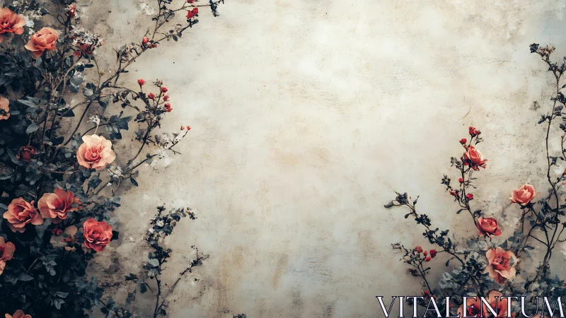 Vintage Roses Frame an Aged Wall with Timeless Beauty.