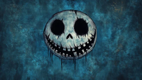 Grinning ink-dripped skull moon floats on stormy blue haze.