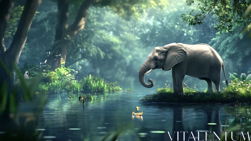 Elephant standing on riverbank island in dense forest light.