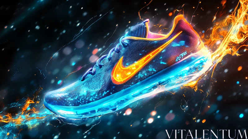 Neon running shoe blazes through vivid fire and ice trail.