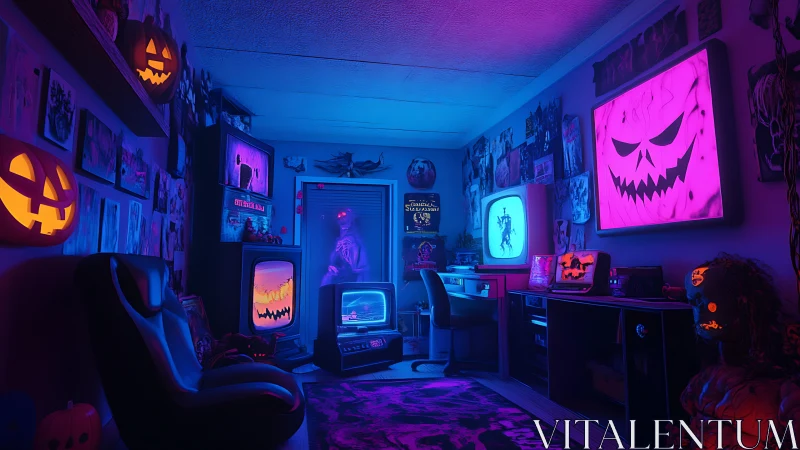 Neon Halloween gamer den with glowing jack o lantern screens