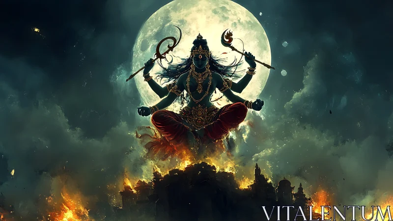 Divine warrior silhouette before full moon over burning city.