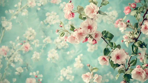Floral branches against soft turquoise background pattern.