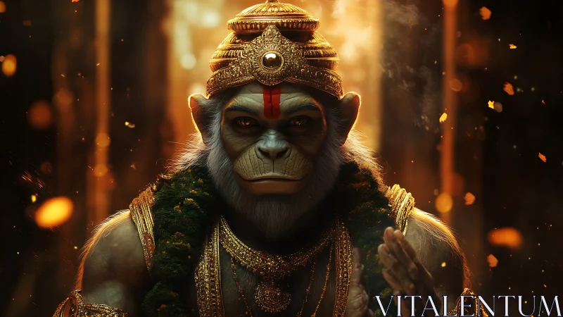 Simian warrior deity rendered with cinematic volumetric lighting