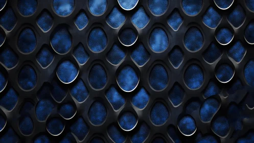 Abstract dark honeycomb pattern with blue metallic texture background.