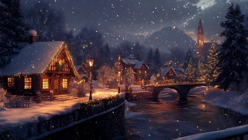 Snowy village lights glow warmly beside a peaceful winter river