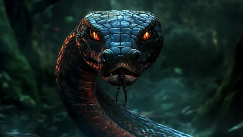 Predatory serpent emerges from shadowed jungle gloom