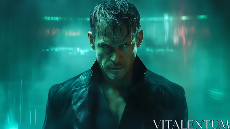 Moody cyberpunk loner wrapped in emerald neon fog.