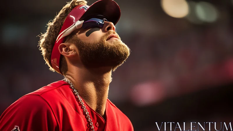 Baseball outfielder studies sky under warm stadium light.