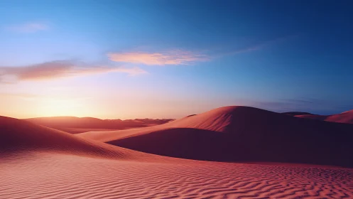Low-angle desert dune panorama under pastel sunrise sky